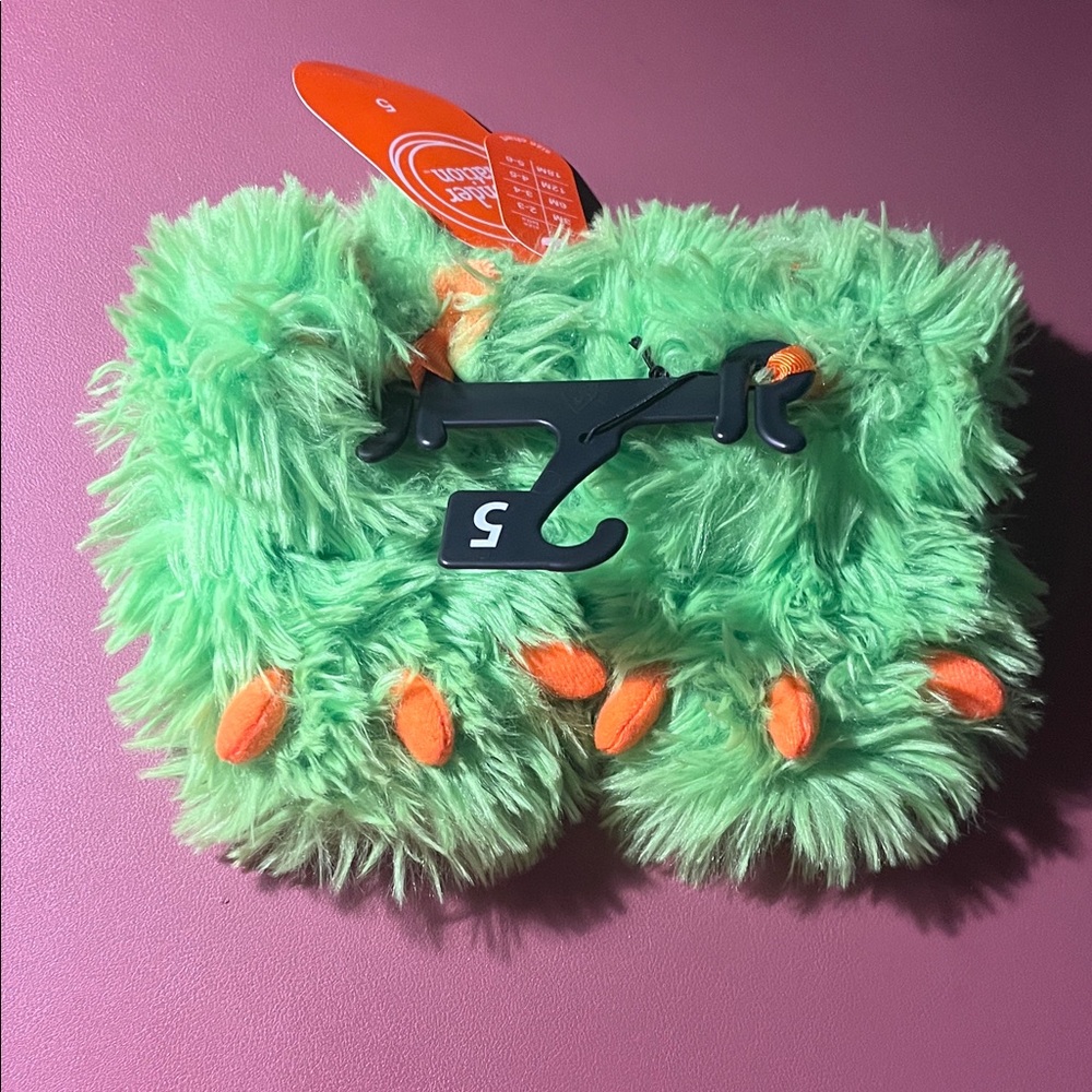 wonder nation Green Plush Monster Slippers with Orange Claws